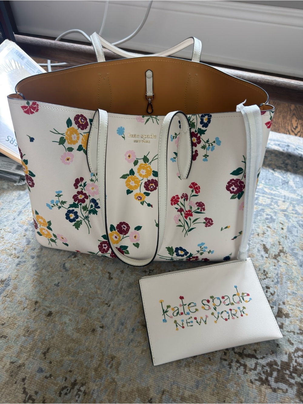 kate spade White Floral Tote with Matching Pouch